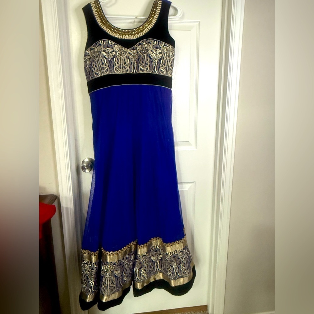 Elegant Blue and Gold Women's Long Indian Dress